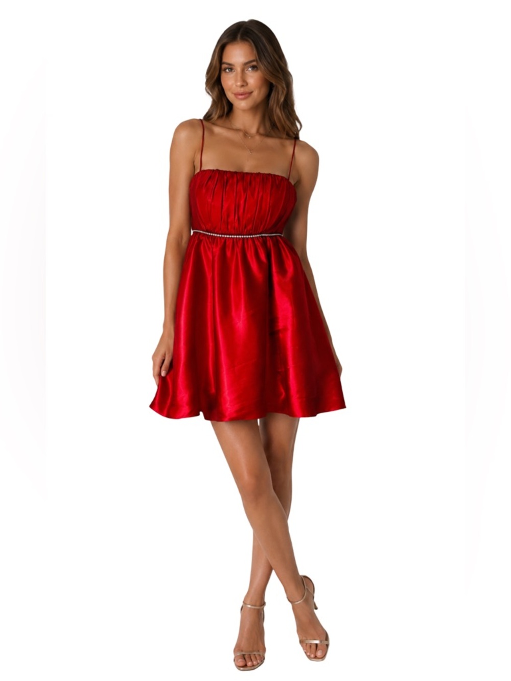 Jessica McClintock for Gunne Sax Y2K Red Babydoll Dress Rhinestones